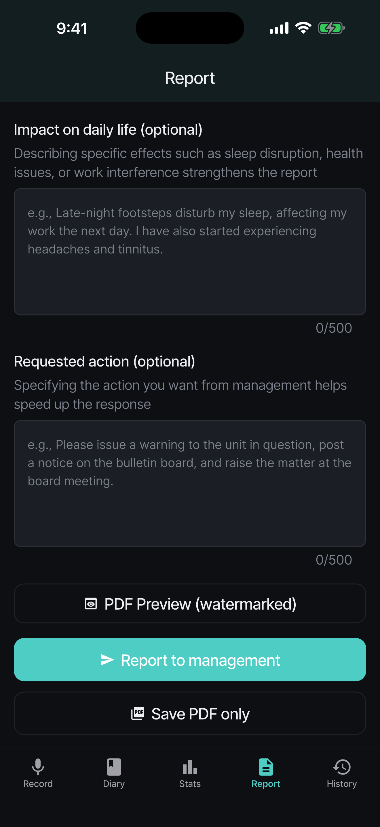 SoundLog report screen in English with PDF preview, report to management, and save PDF actions